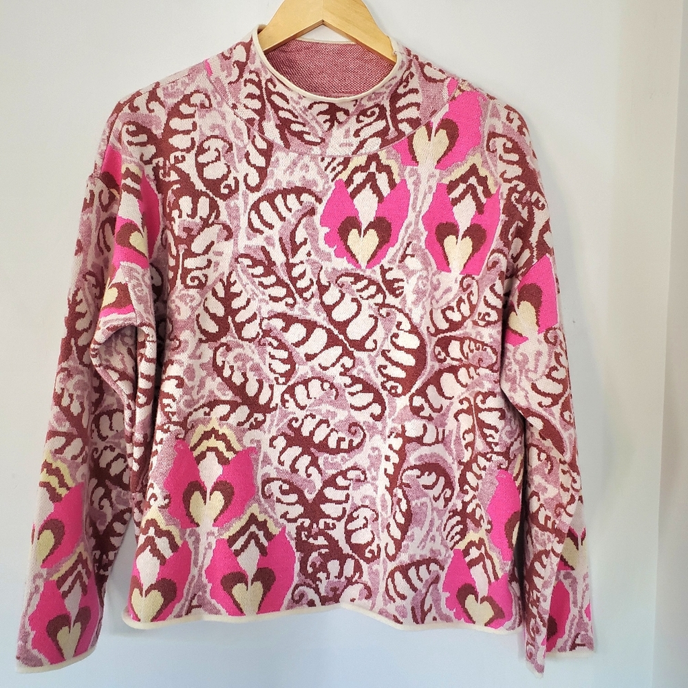 FATE Sz M AUDREY Pink Purple Brown Abstract Knit Sweater Mock Neck Boxy Crop